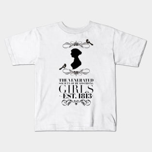 Pride And Prejudice Jane Austen Silhoutte The Venerated Society of Headstrong Girls With Bird Sillhouttes Kids T-Shirt